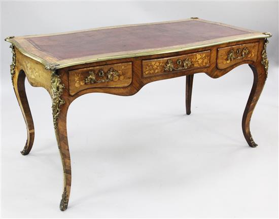 A 19th century Louis XV style marquetry inlaid rosewood and ormolu mounted bureau plat, W.4ft 5in.